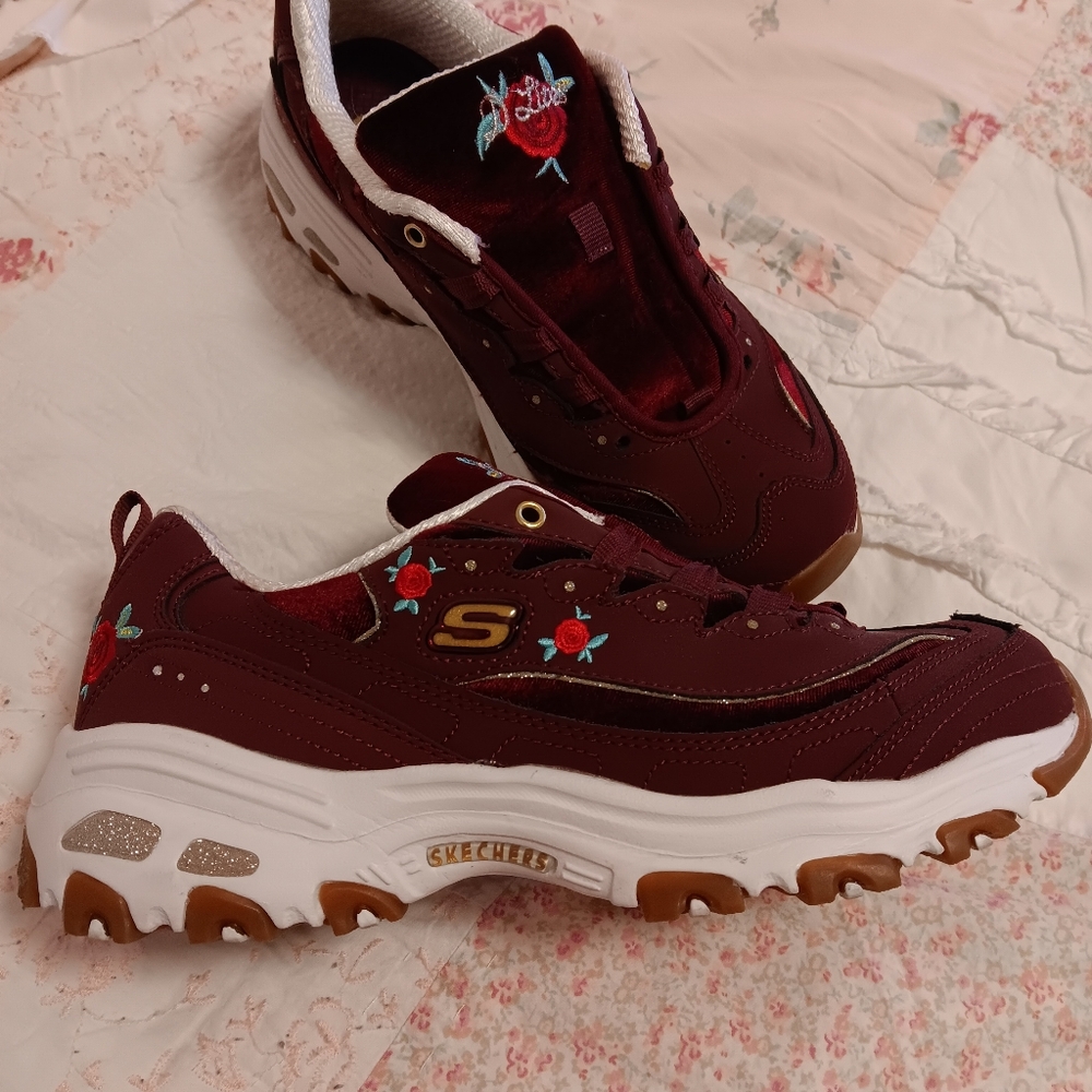 Skechers Burgundy Sneakers with Floral Embroidery..WORN ONCE!